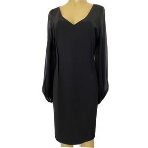 Rickie Freeman Teri Jon Dress Scuba Sheath Navy Silk Sheer long Sleeve 18